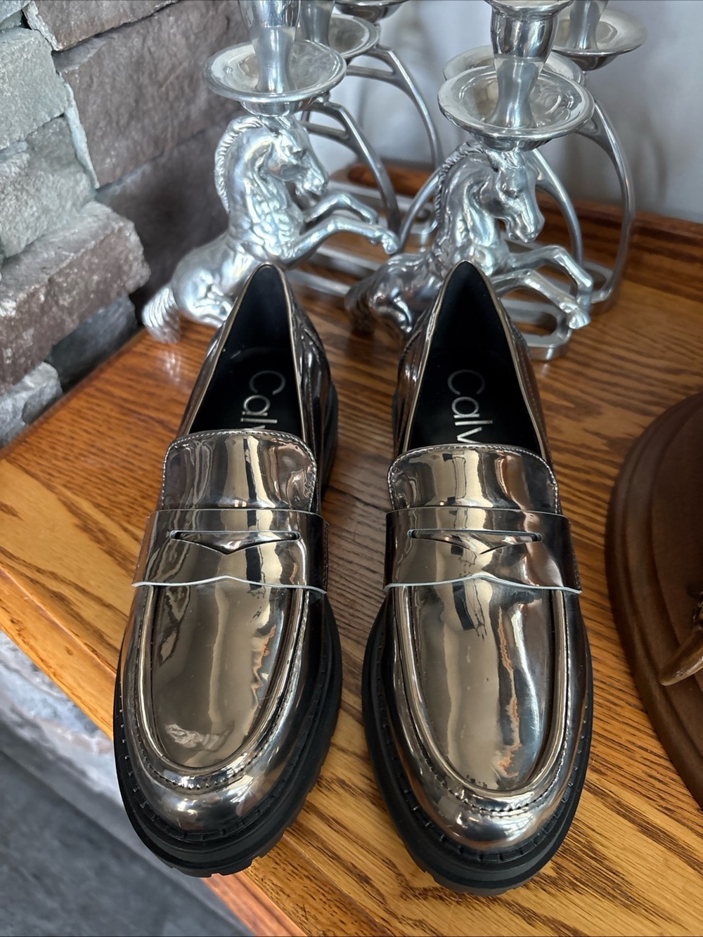 Calvin Klein Womens Mirrored Silver Slip-On Penny Loafers